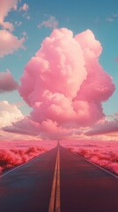 Aufkleber - A magnificent pink cloud hovers gracefully over a winding road, with soft hues reflecting the twilight sky. The vibrant colors create a dreamlike atmosphere, inviting wonder and exploration