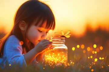 Poster - A child observing fireflies in a jar during twilight, their face lit by the tiny glowing insects