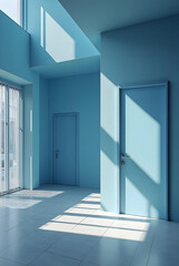 Poster - A serene, minimalist interior with light blue walls, two subtly different blue doors, and sunlight casting long shadows across a tiled floor.