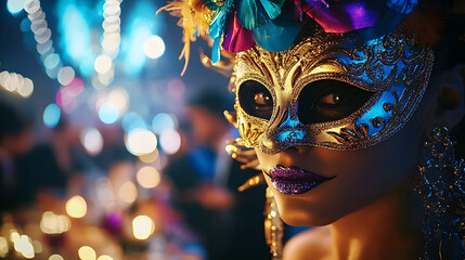 Wall Mural - a vibrant new year's 2025 masquerade ball with colorful masks and elegant decor
