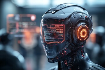 Poster - A cyberpunk-inspired scene of a futuristic market where a scanner is identifying people identities with holographic projections glowing in neon blue and purple