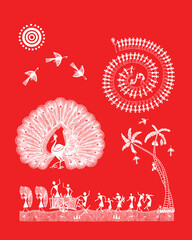 Wall Mural - Warli Painting: Rural Life with the Majestic Peacock. Warli art, Indian tribal art, Warli painting, Peacock Warli, Rural India.