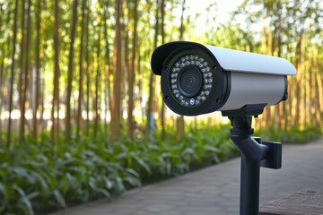 Security camera positioned among lush green plants in a tranquil outdoor setting