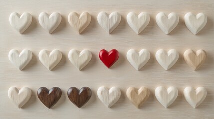 Poster - An artistic display of wooden hearts showcases various shades, capturing the essence of love and unity. Each heart tells its own story, enhancing the cozy atmosphere