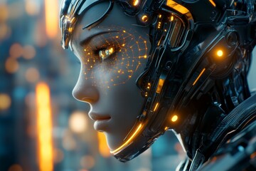 Aufkleber - A futuristic holographic interface showing a 3D model of a face, with glowing data points identifying specific features, set in a sleek, sci-fi laboratory