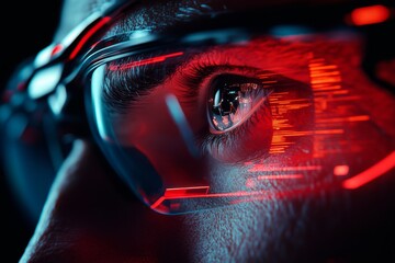 Poster - A futuristic scene of a robotic eye observing a digital display, with data and holograms floating in the air around it