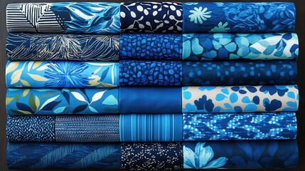 Poster - Vibrant Collection of Blue Textile Designs in Studio Setting with Various Patterns and Textures