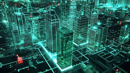 Poster - Futuristic cityscape with digital grid overlay during nighttime showcasing advanced urban design
