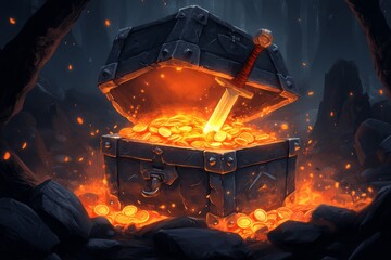 Poster - A pixel art animation of a chest opening, with bright, pixelated coins and a glowing sword popping out, set against a simple dungeon background