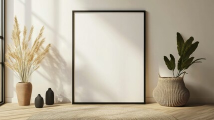 Wall Mural - a picture frame sitting on a wooden floor next to a vase