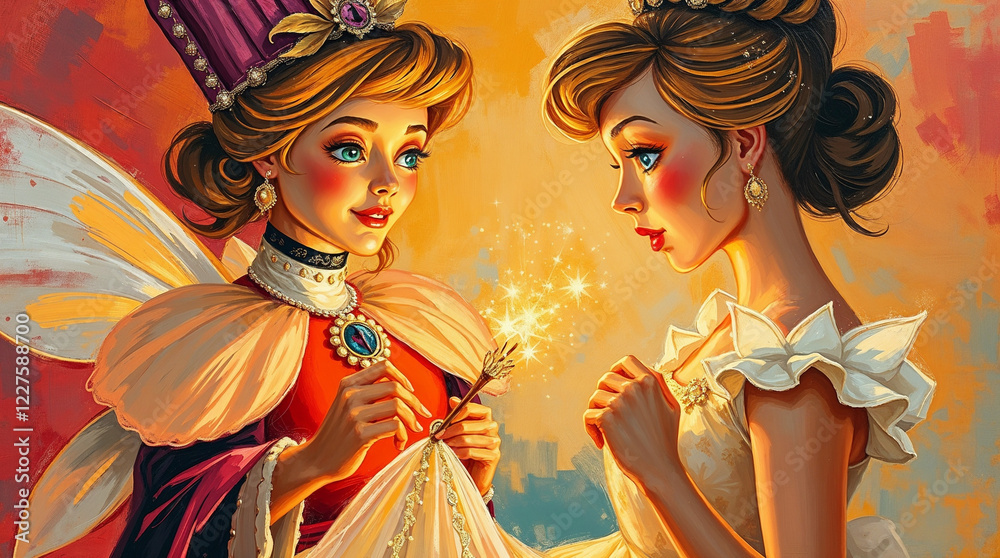 Cinderella And The Fairy Godmother Transforming Her Dress Into A Ball