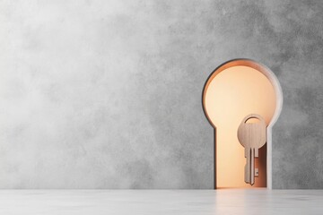Poster - A simple abstract design of a keyhole with faint glowing light inside, drawn with clean lines and soft gradients
