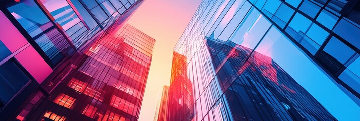 Poster - Graphic layout showcasing colorful reflections on modern skyscrapers at sunset