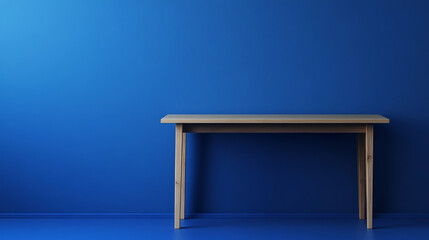 Poster - Minimalist wooden workbench against royal blue wall
