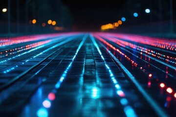 Poster - Colorful light trail creates a mesmerizing effect along a city pathway at night