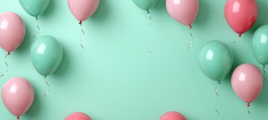 Wall Mural - Pastel-Coloured Balloons Adorning Khaki Green Paste Background, Minimal Birthday Concept