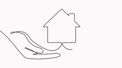 Wall Mural - Hands hold house continuous line drawn animated video. Real estate concept animation.