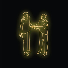 Poster - Neon style illustration of a nurse assisting an injured patient with an arm bandage, shaking hands in a gesture of support and care