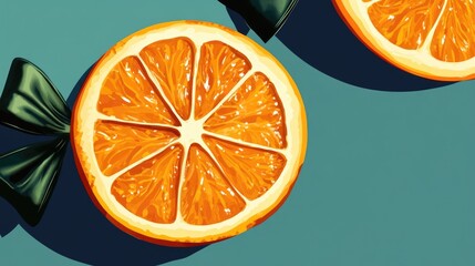 Poster - Vibrant Orange Slices with Glossy Texture on Turquoise Background Ideal for Culinary or Fresh Produce Themes