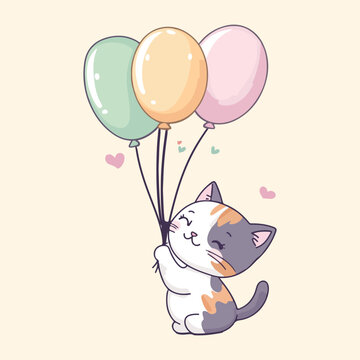 There is a cat holding a bunch of balloons in its paws vector illustration 