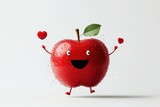 This vibrant red apple character, complete with arms and heart symbols, embodies joy and playfulness, showcasing a whimsical and cheerful aesthetic perfect for children's content.