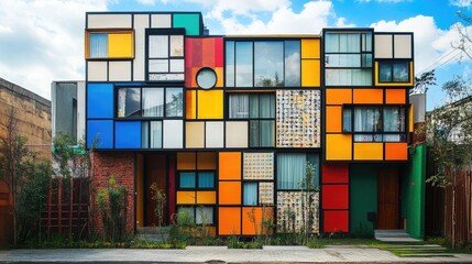 Poster - Colorful Modern Architecture Showcasing Unique Facades in Vibrant Urban Landscape
