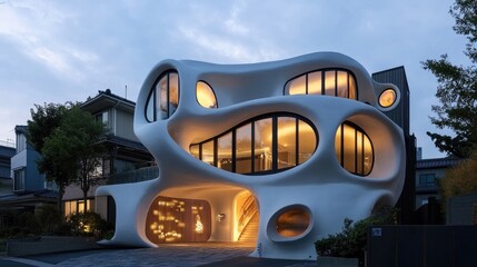 Poster - Modern Architectural Marvel with Organic Design Highlighting Urban Creativity and Unique Facade at Dusk