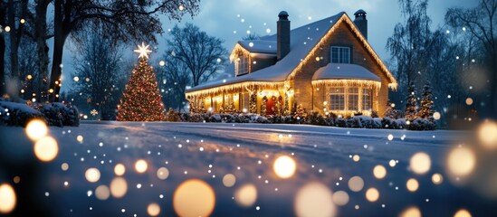 Poster - Christmas-themed home exterior adorned with festive lights and ornaments on a snowy evening with vibrant bokeh and space for text.