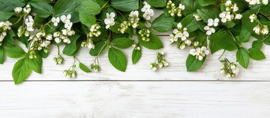 Poster - Green leaves and white flowers border on rustic wooden background creating a fresh and bright atmosphere with space for text or design elements