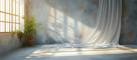 Poster - Elegant grey textured wall with soft white curtains in a bright room bathed in natural light creating a serene atmosphere for text placement.