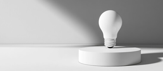 Poster - Minimalist composition of a white light bulb on a circular base casting soft shadows in a spacious, empty background for creative text placement