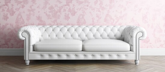 Poster - Minimalist interior with white leather sofa against pink wallpaper and wooden floor ideal for text placement and modern decor inspiration