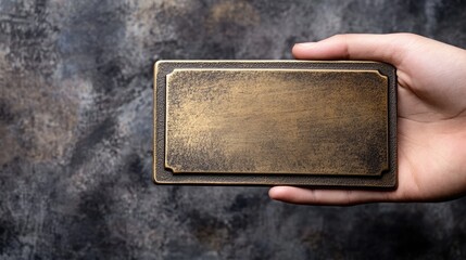 Poster - Hand holding a bronze nameplate with engraved edges on textured background Empty space for custom text and branding content creation
