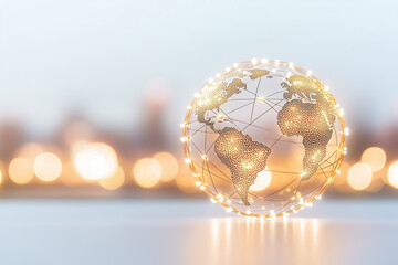 Poster - An abstract network of dots and lines forms a faint globe on a neutral background. The soft midday light enhances the global connection theme, evoking a sense of unity and collaboration