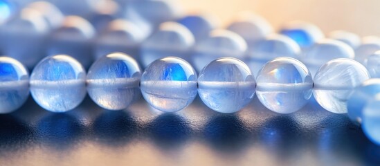 Poster - Polished Moonstone Beads with High Clarity and Soft Blue Hues on a Dark Surface Ideal for Jewelry and Design Text Overlay