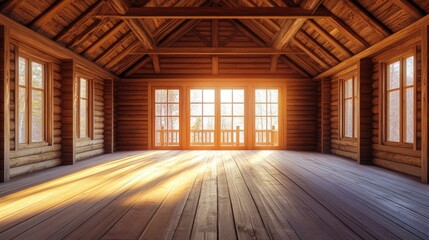 Poster - Cozy log cabin interior with wooden walls and floor featuring large windows illuminating the space with natural light and serene atmosphere