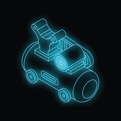 Poster - Neon glowing air compressor isometric view isolated on black background