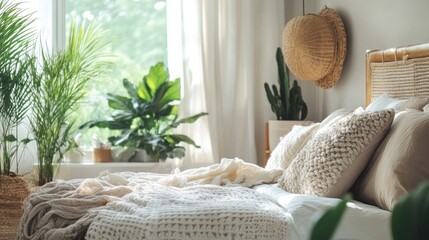 Poster - Trendy bedroom interior with natural elements creating a sophisticated and stylish atmosphere through aesthetic decor and greenery.