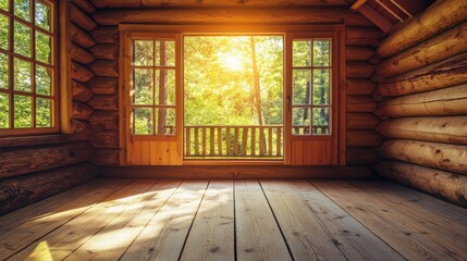 Poster - Cottage interior with wooden walls and flooring showcasing a serene view of nature through large windows in a traditional log cabin design