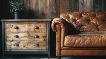 Poster - Scandinavian interior design showcasing a wooden chest of drawers and leather sofa with rich textures and empty space for text or branding