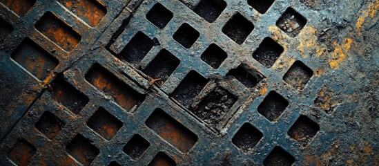 Poster - Worn metal grating on the floor with rust and dirt creating a textured background perfect for overlaying text or graphics