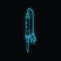 Poster - Neon blue soldering iron with plug glowing on black background, isometric view