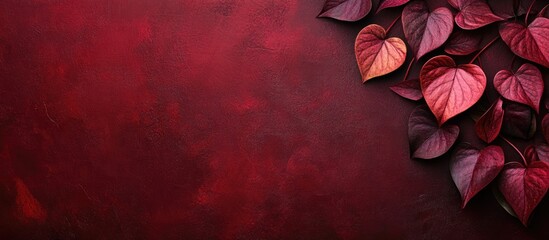 Poster - Heart shaped burgundy leaves on textured dark backdrop with ample copy space for text and design elements.