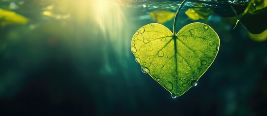 Poster - Heart shaped leaf with water droplets illuminated by sunlight in a serene underwater setting featuring ample space for text and design elements