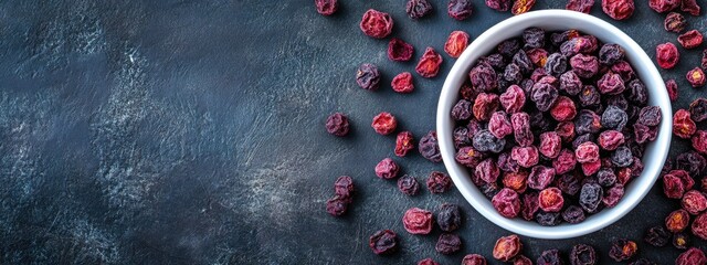 Poster - Dried Chokeberries in White Bowl on Dark Background Healthy Snack Autumn Harvest with Copy Space for Text Natural Aromatic Fruit