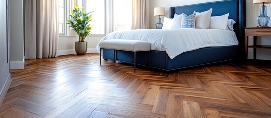 Poster - Hardwood Floor Installation in Modern Bedroom with Spacious Copy Area for Text