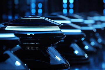 Poster - Futuristic technology display with sleek, illuminated devices in a dark environment