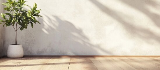 Poster - Hardwood Flooring in Contemporary Interior with Green Plant and Blank Wall for Text or Branding Opportunities