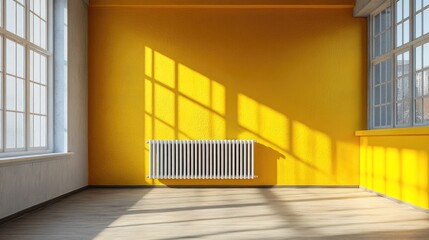 Poster - Vacant room interior with yellow walls and sunlight casting shadows highlighting yellow radiators and modern heating systems