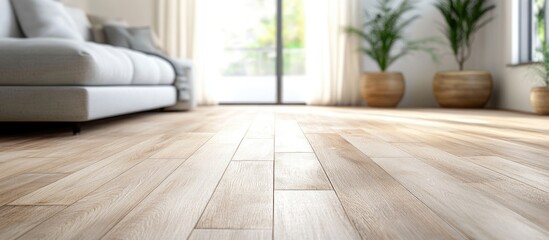 Poster - Modern Living Room with Laminate Hardwood Flooring and Natural Light from Windows Creating a Welcoming Atmosphere with Space for Text